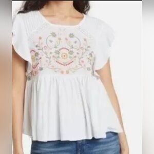 Lucky Brand Boho, Beatnik Floral Embroidered Smock Blouse